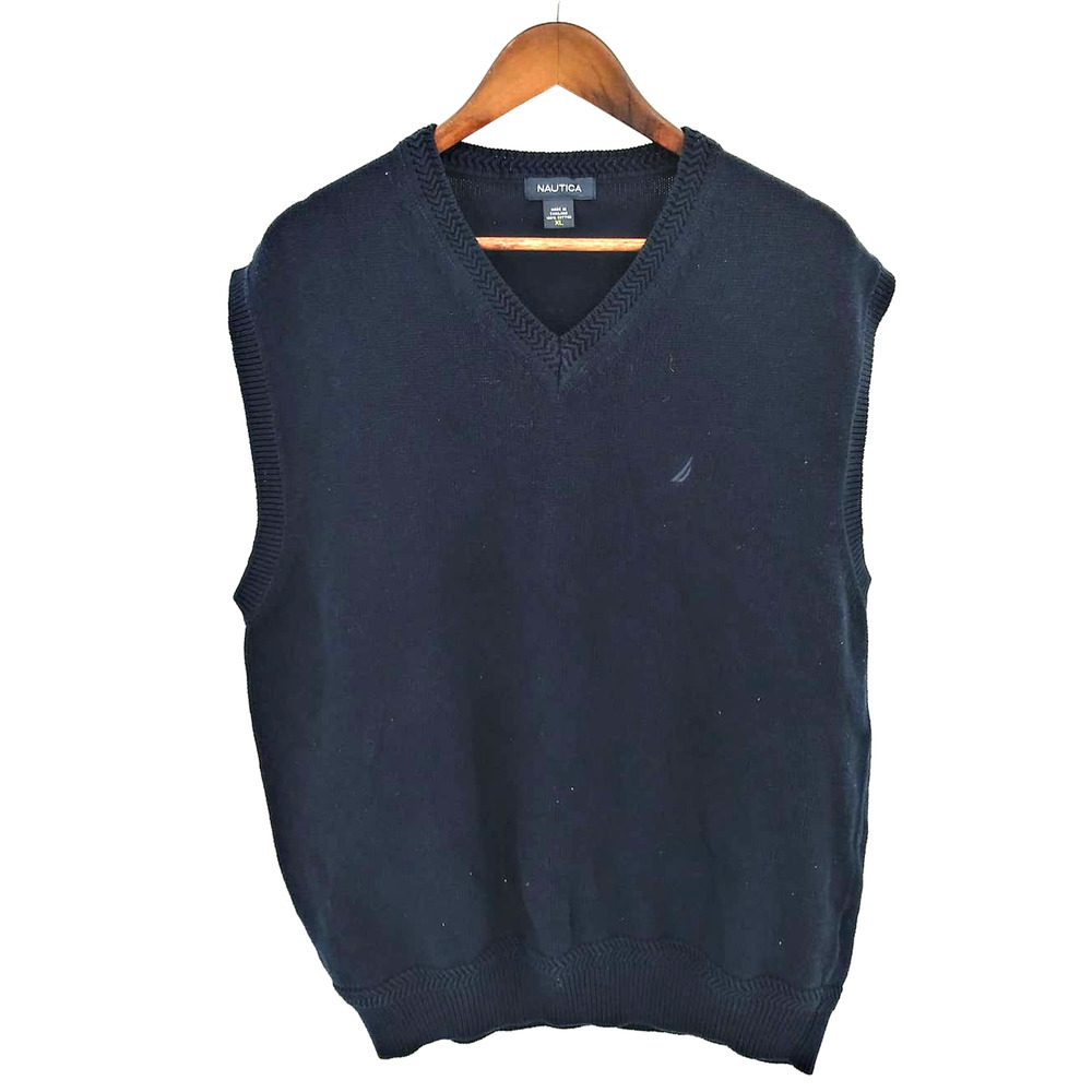 Nautica Navy Blue V-Neck Grandpa Sweater Vest Academia Preppy Sz XL MENS